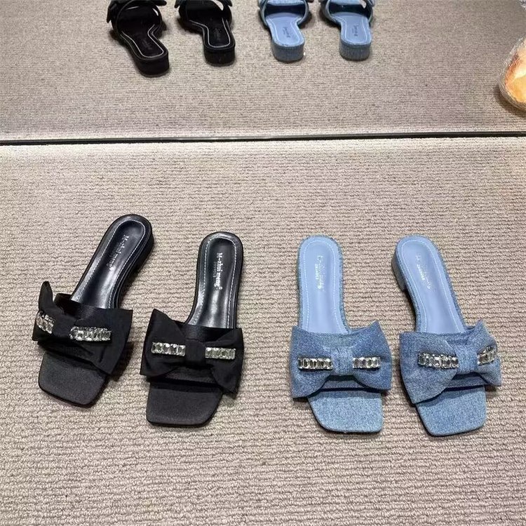 Giày Xăng Đan Đế Bằng Đính Nơ Thời Trang Cho Nữ