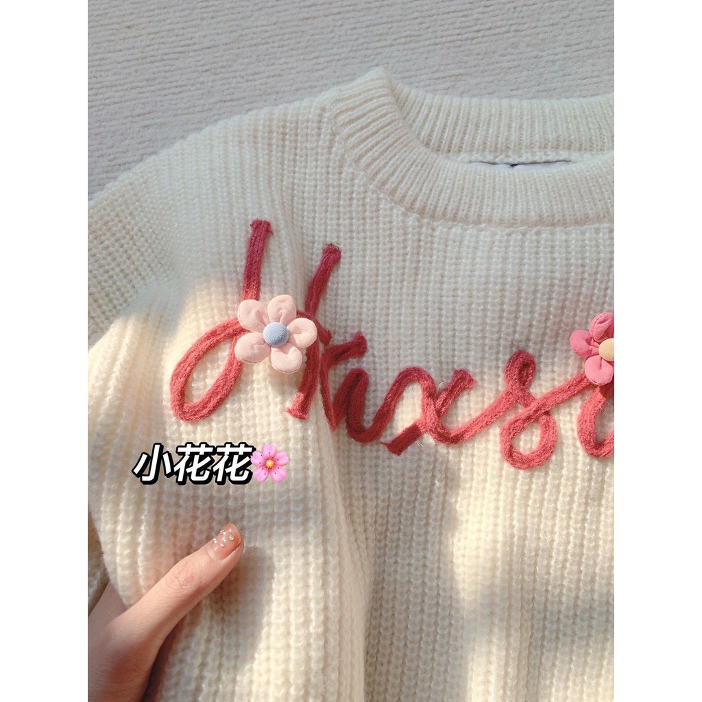 Áo sweater Dệt Kim Tay Dài Cổ Tròn In Chữ Màu Trắng Thời Trang Cho Nữ