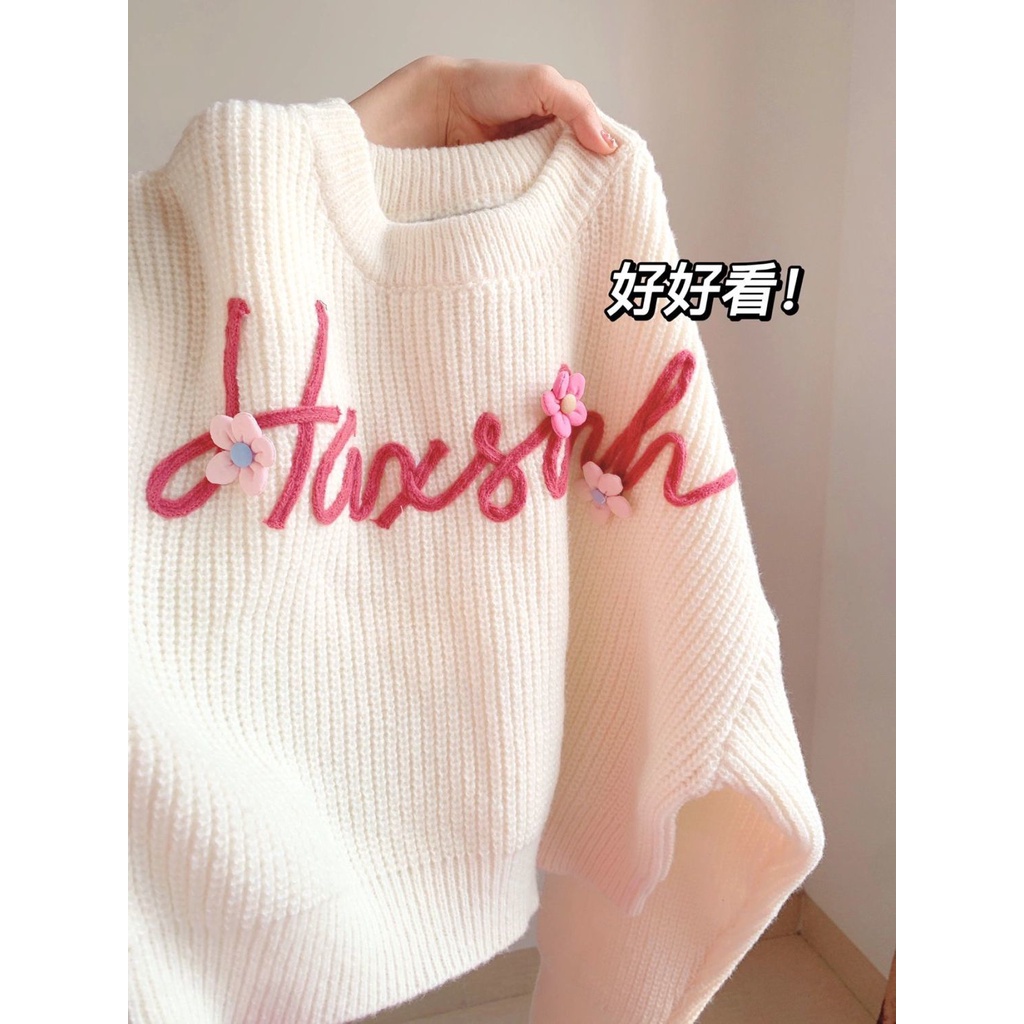 Áo sweater Dệt Kim Tay Dài Cổ Tròn In Chữ Màu Trắng Thời Trang Cho Nữ