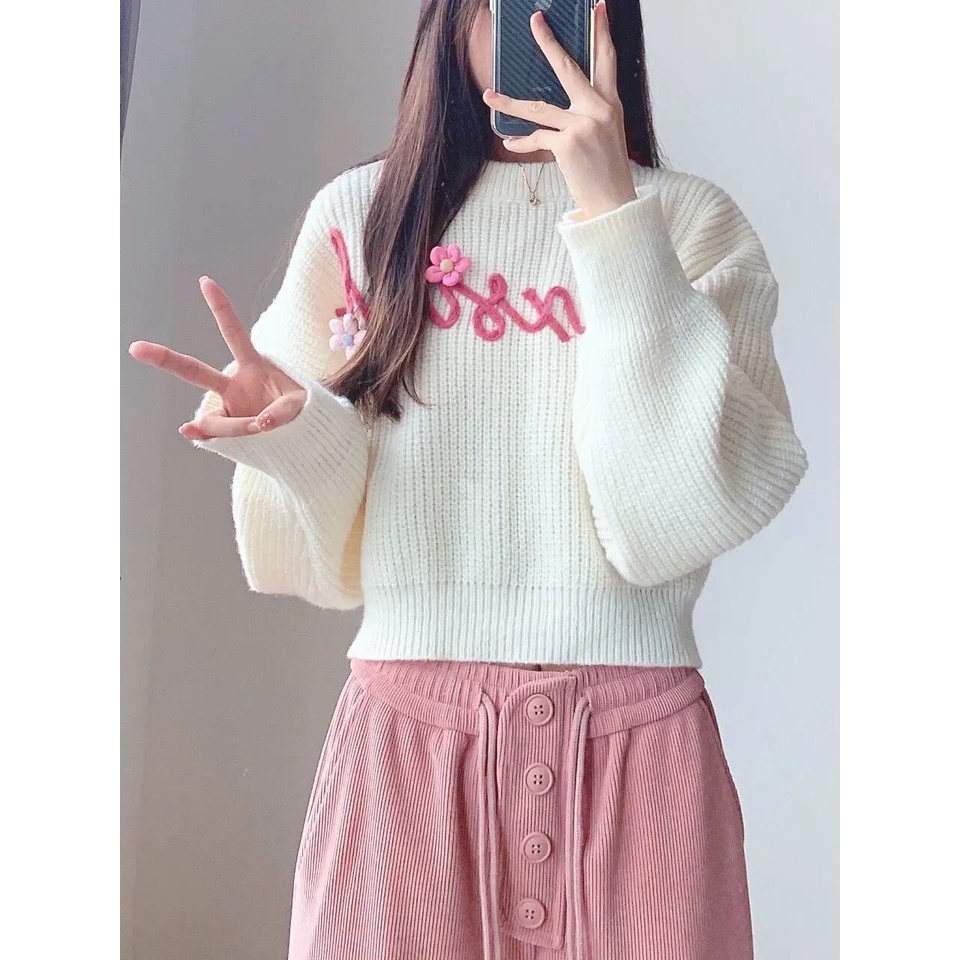 Áo sweater Dệt Kim Tay Dài Cổ Tròn In Chữ Màu Trắng Thời Trang Cho Nữ