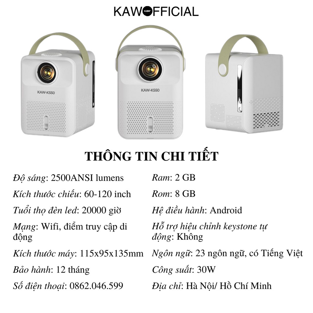 Máy chiếu mini KAW K550 Plus siêu nét, Kết nối wifi, bluetooth, dễ dàng kết nối điện thoại, máy tính