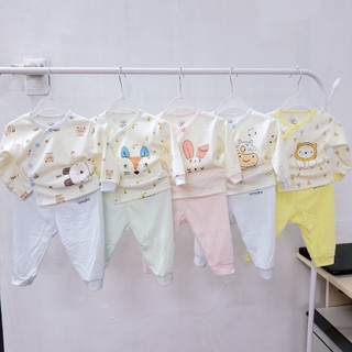Bộ quần áo cotton nỉ dài tay sơ sinh thu đông Unchi cúc cài lệch quần đáp đũng đóng bỉm cho bé trai bé gái 3-9kg