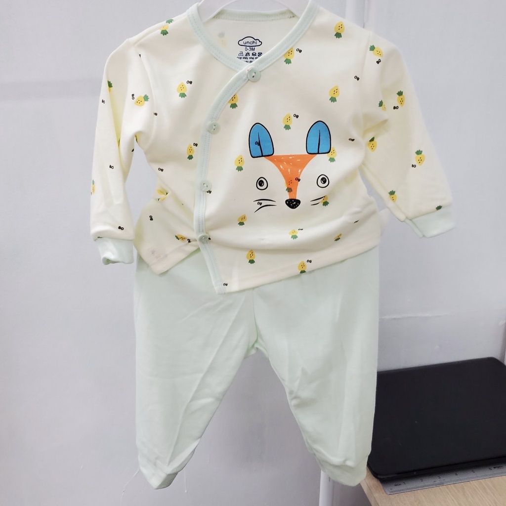 Bộ quần áo cotton nỉ dài tay sơ sinh thu đông Unchi cúc cài lệch quần đáp đũng đóng bỉm cho bé trai bé gái 3-9kg