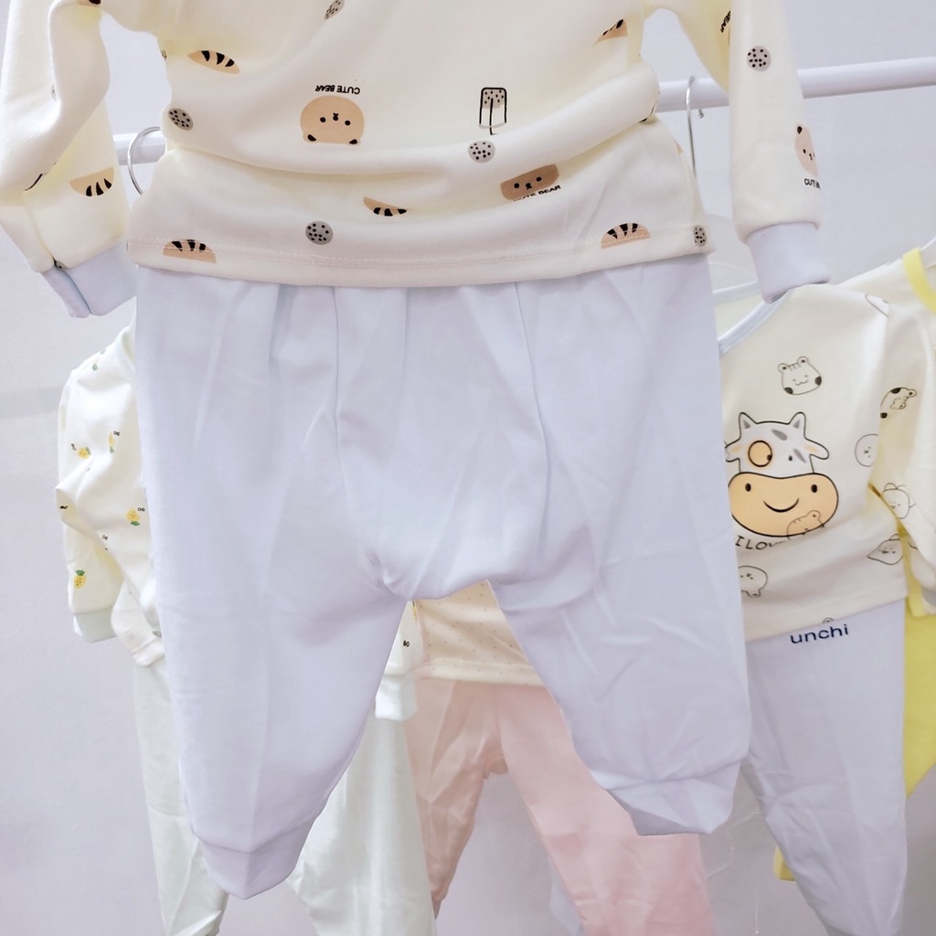 Bộ quần áo cotton nỉ dài tay sơ sinh thu đông Unchi cúc cài lệch quần đáp đũng đóng bỉm cho bé trai bé gái 3-9kg