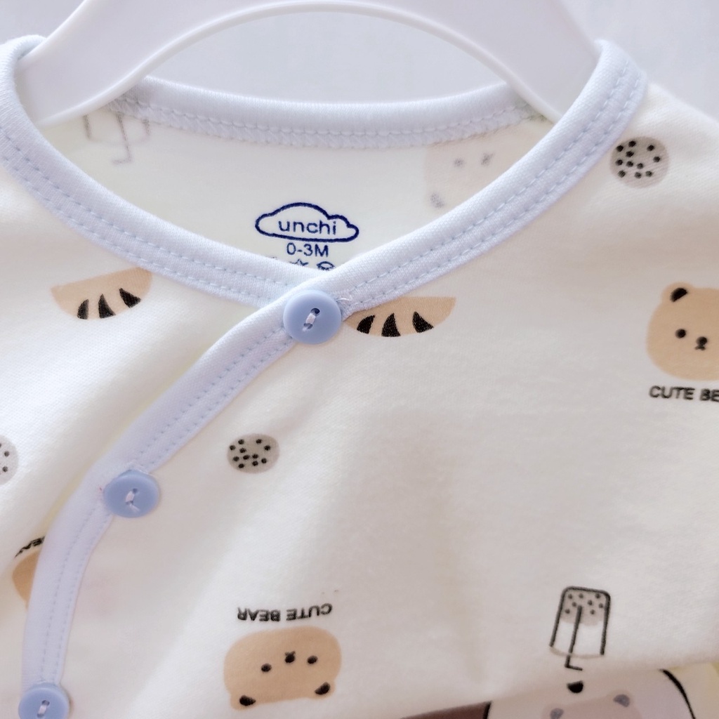 Bộ quần áo cotton nỉ dài tay sơ sinh thu đông Unchi cúc cài lệch quần đáp đũng đóng bỉm cho bé trai bé gái 3-9kg