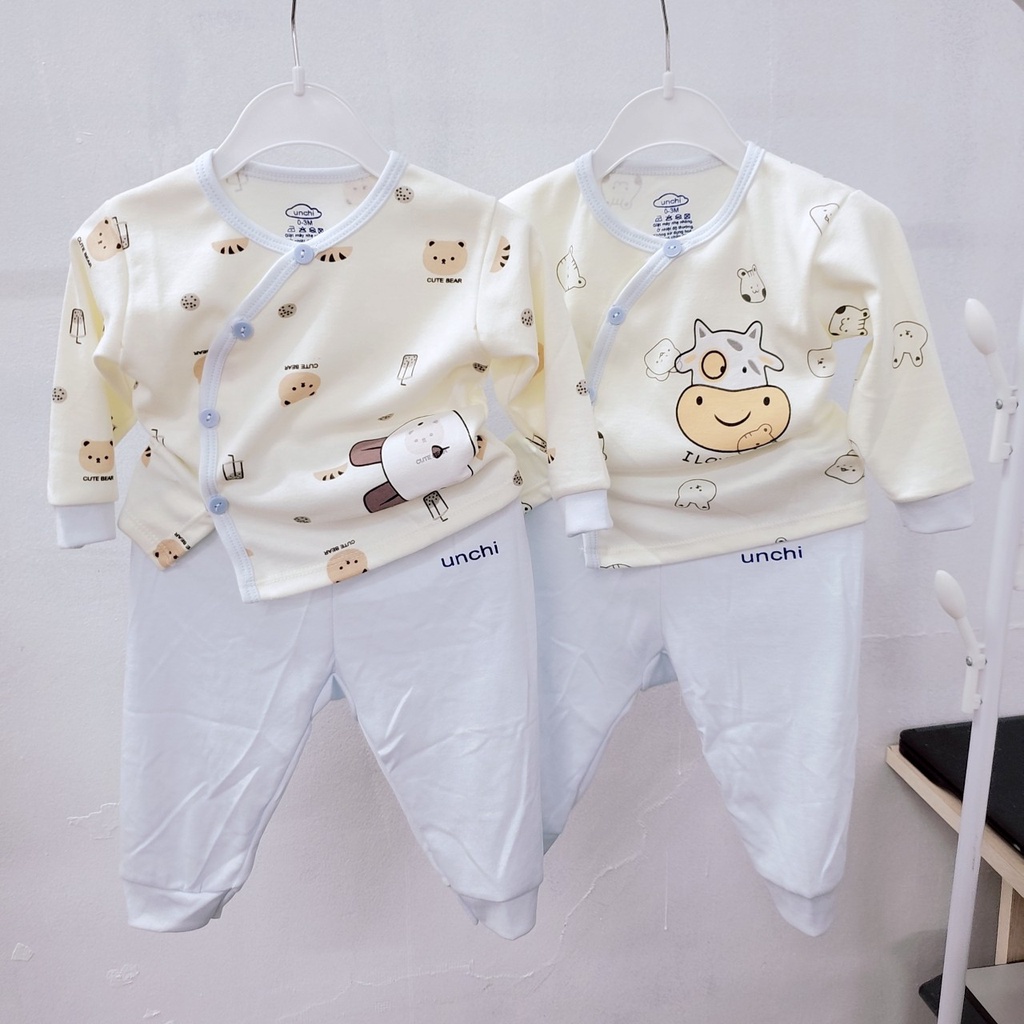 Bộ quần áo cotton nỉ dài tay sơ sinh thu đông Unchi cúc cài lệch quần đáp đũng đóng bỉm cho bé trai bé gái 3-9kg
