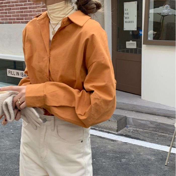 Áo Sơ Mi Trắng / Cam Trơn Tay Dài Dáng Rộng Màu Sắc Đơn Giản Thời Trang Mùa Thu Cho Nữ