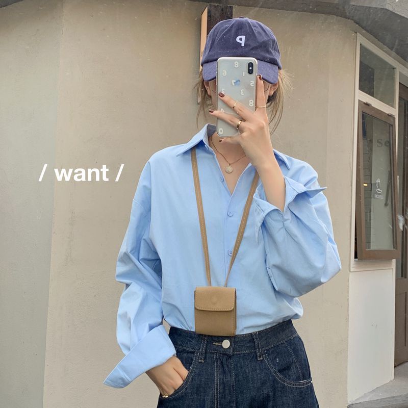 Áo Sơ Mi Trắng / Cam Trơn Tay Dài Dáng Rộng Màu Sắc Đơn Giản Thời Trang Mùa Thu Cho Nữ