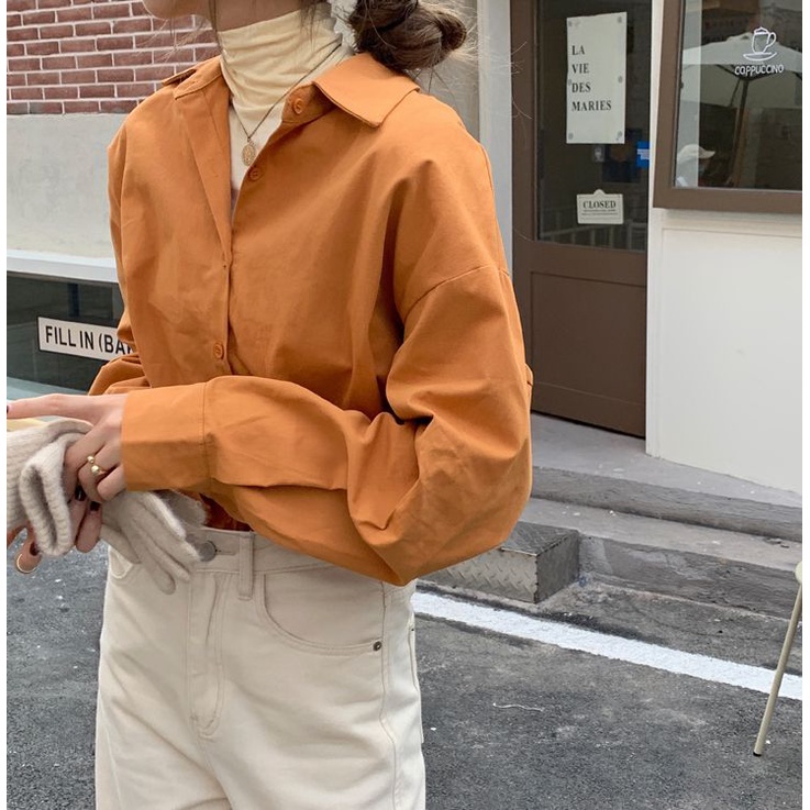 Áo Sơ Mi Trắng / Cam Trơn Tay Dài Dáng Rộng Màu Sắc Đơn Giản Thời Trang Mùa Thu Cho Nữ
