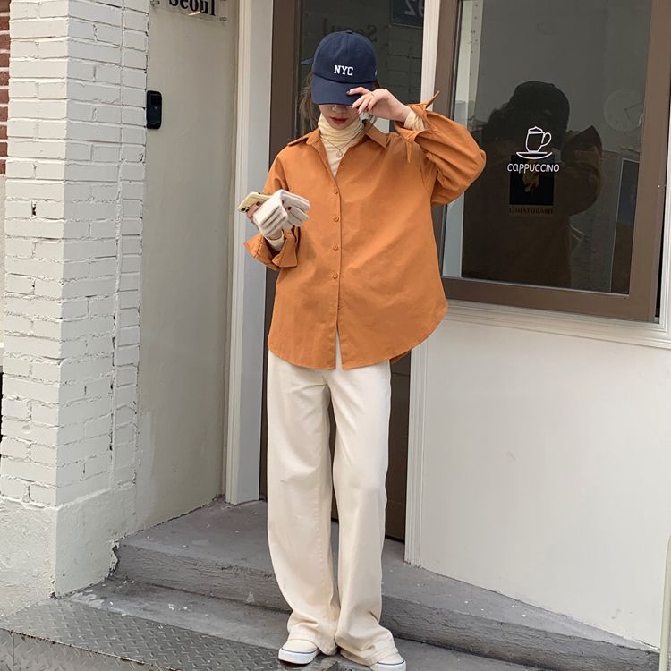 Áo Sơ Mi Trắng / Cam Trơn Tay Dài Dáng Rộng Màu Sắc Đơn Giản Thời Trang Mùa Thu Cho Nữ