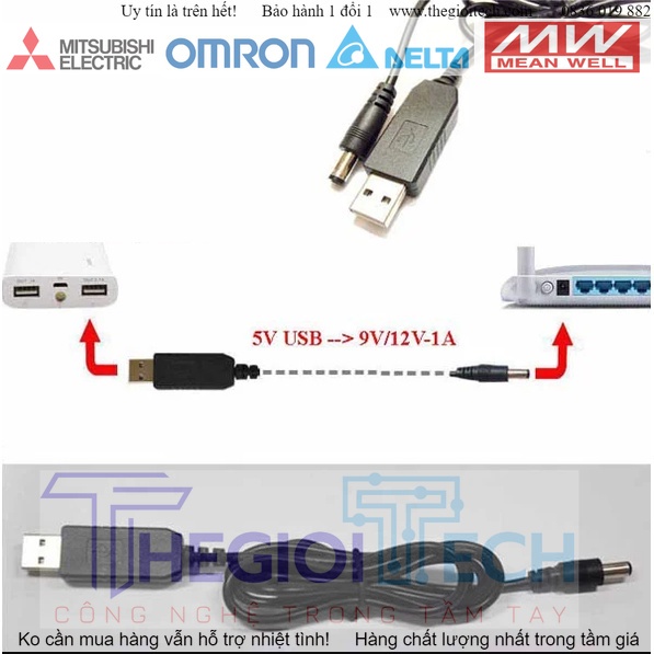 Cáp USB chuyển đổi 5V sang 9V / 12V giắc 5.5x2.1mm (Mất điện vẫn có Mạng & WiFi) - 12V