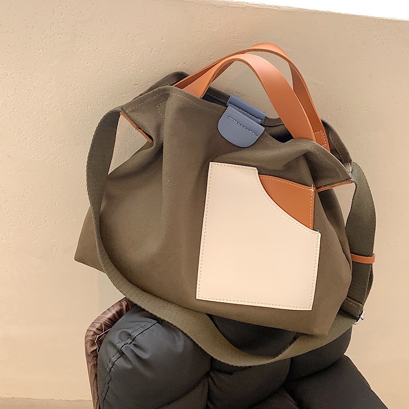 Túi Xách Đeo Vai Nhiều Ngăn Bằng Vải Có Khóa Kẹp Với Màu Tương Phản Phong Cách Mới Cho Nữ