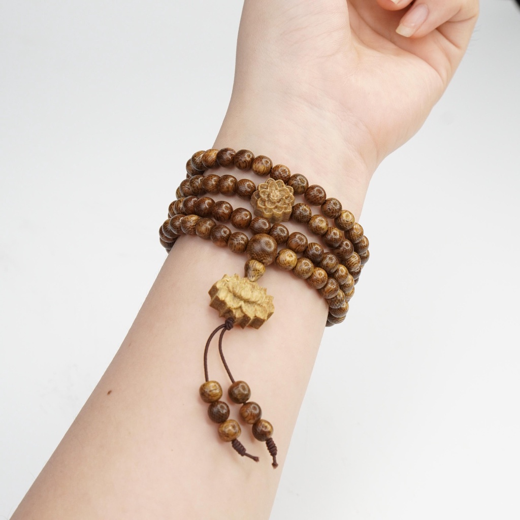 Vòng Trầm 108 Hoa Sen Trầm - Mẫu New - Mix 2 Hoa Sen - Trầm Hương Yên Lộc