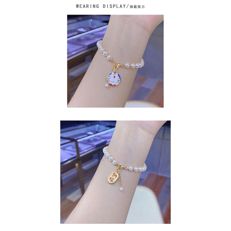 Vòng Tay Bạc 925 Mặt Hình Mèo Máy doraemon Đính Ngọc Trai May Mắn