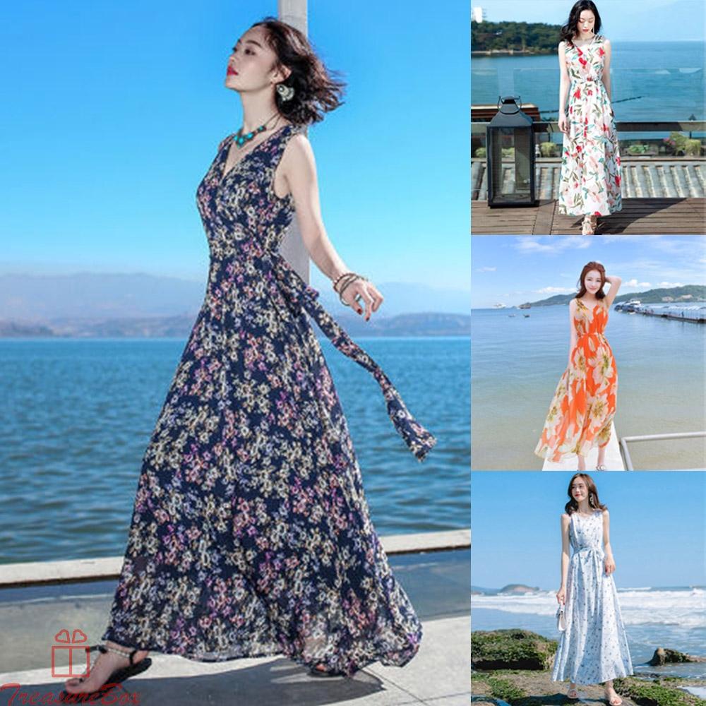 Womens Girls Long Dress Boho Floral Hot M-3XL Part Replacement Sleeveless