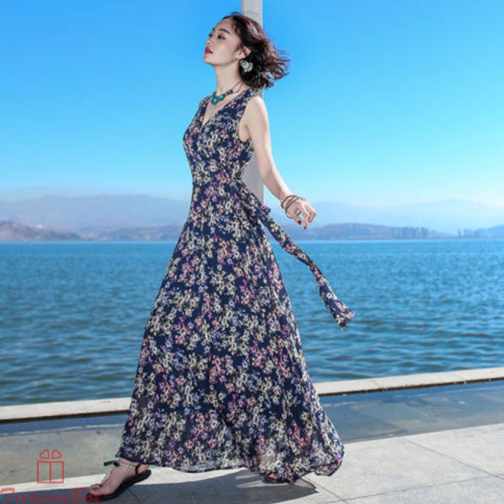 Womens Girls Long Dress Boho Floral Hot M-3XL Part Replacement Sleeveless