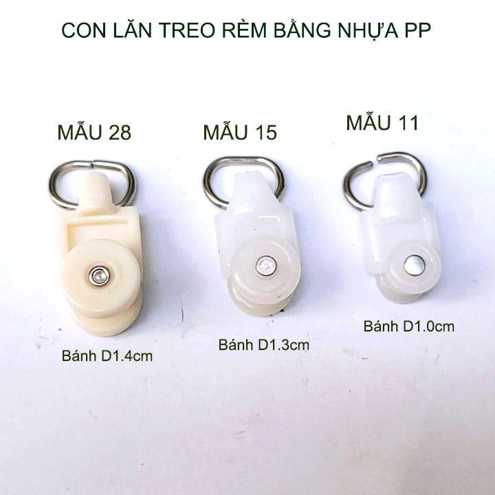 Bộ 20 Bánh xe trượt thanh ray treo rèm, với nhiều kích cỡ tùy chọn (Bằng nhựa PP)