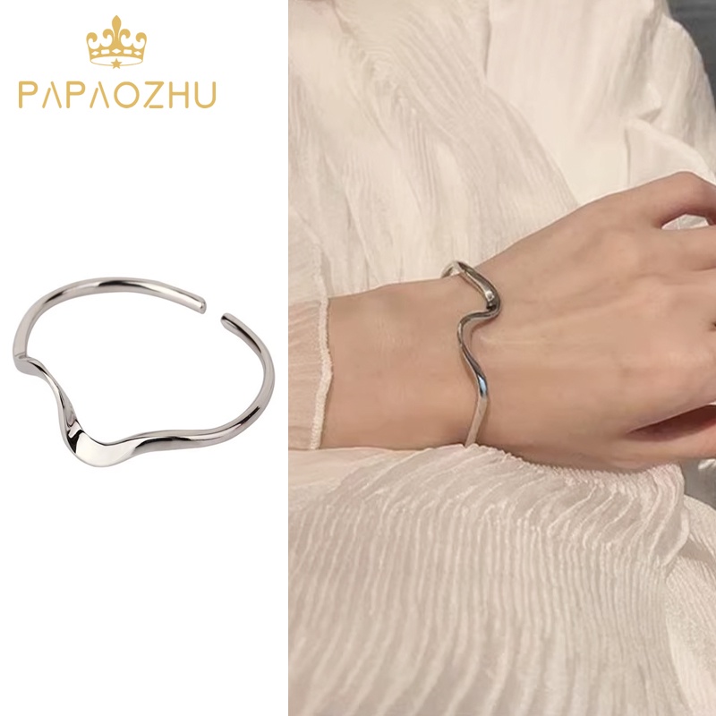 Papaozhu Vòng Đeo Tay Bạc Bóng Dạng Mở Điều Chỉnh Được Hợp Thời Trang Cho Nam Và Nữ