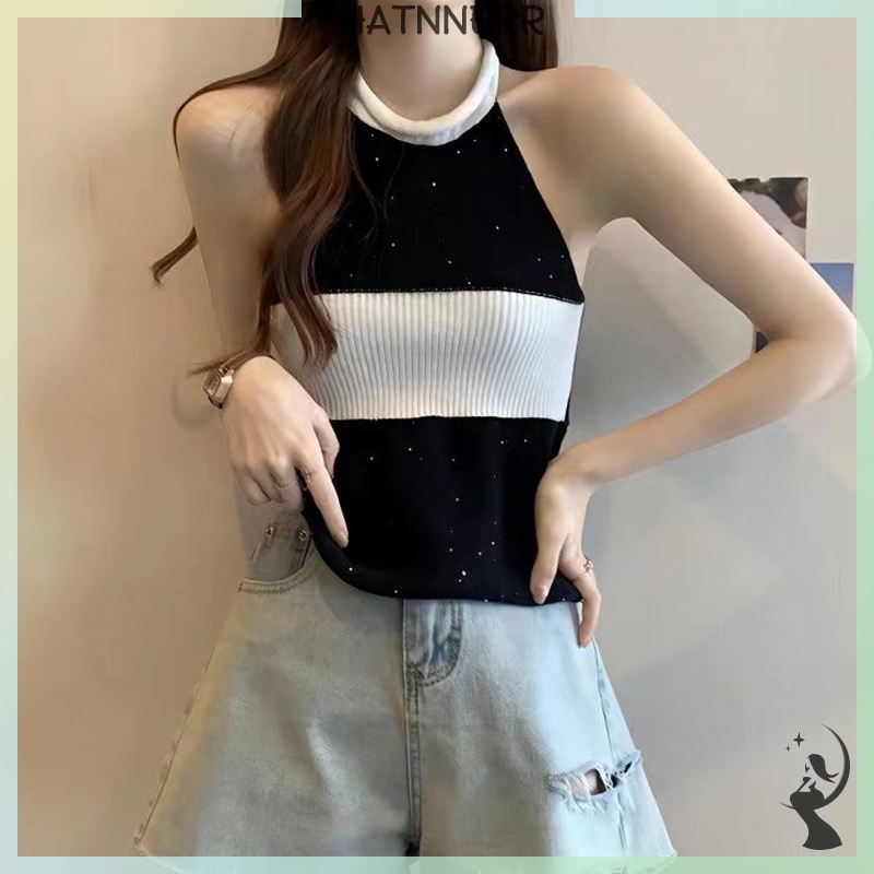 Áo Hai Dây Dệt Kim Hở Lưng Họa Tiết Kẻ Sọc Thời Trang Mùa Hè Quyến Rũ Cho Nữ fhs