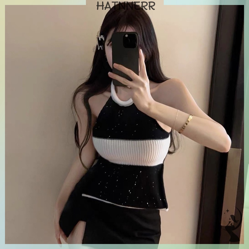 Áo Hai Dây Dệt Kim Hở Lưng Họa Tiết Kẻ Sọc Thời Trang Mùa Hè Quyến Rũ Cho Nữ fhs