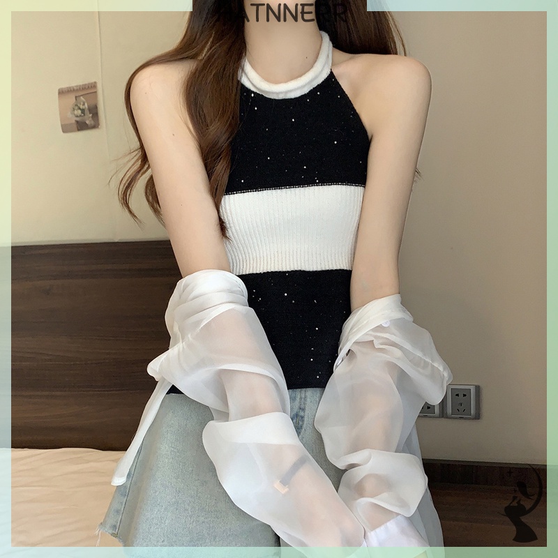 Áo Hai Dây Dệt Kim Hở Lưng Họa Tiết Kẻ Sọc Thời Trang Mùa Hè Quyến Rũ Cho Nữ fhs