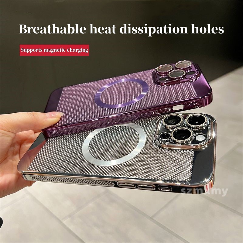 Ốp Điện Thoại Cứng Kiểu Lưới Mạ Điện Từ Tính Thoáng Khí Bảo Vệ Ống Kính Máy Ảnh Cho iphone 14 13 11 12 pro max