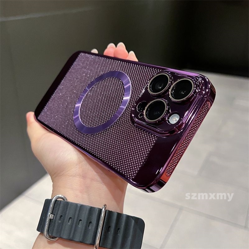 Ốp Điện Thoại Cứng Kiểu Lưới Mạ Điện Từ Tính Thoáng Khí Bảo Vệ Ống Kính Máy Ảnh Cho iphone 14 13 11 12 pro max