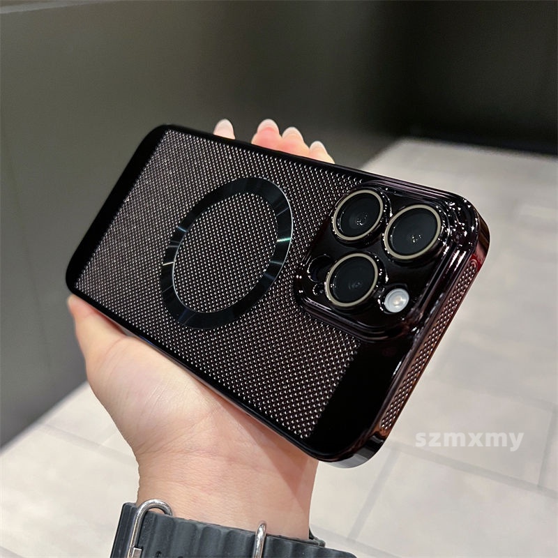 Ốp Điện Thoại Cứng Kiểu Lưới Mạ Điện Từ Tính Thoáng Khí Bảo Vệ Ống Kính Máy Ảnh Cho iphone 14 13 11 12 pro max