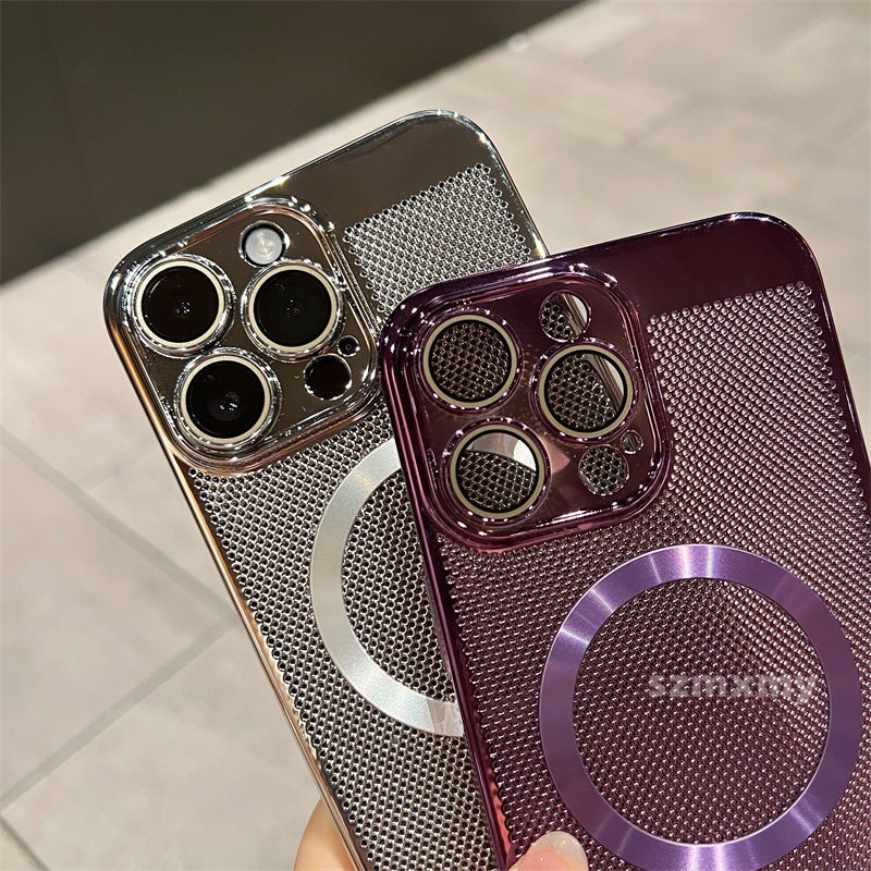Ốp Điện Thoại Cứng Kiểu Lưới Mạ Điện Từ Tính Thoáng Khí Bảo Vệ Ống Kính Máy Ảnh Cho iphone 14 13 11 12 pro max
