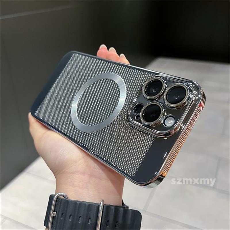 Ốp Điện Thoại Cứng Kiểu Lưới Mạ Điện Từ Tính Thoáng Khí Bảo Vệ Ống Kính Máy Ảnh Cho iphone 14 13 11 12 pro max