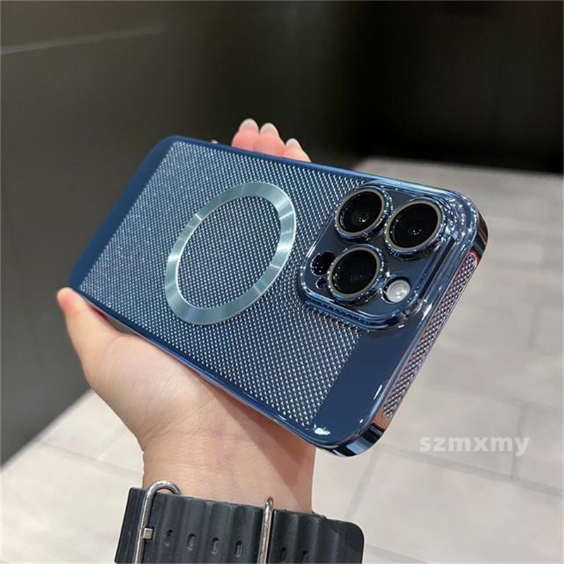 Ốp Điện Thoại Cứng Kiểu Lưới Mạ Điện Từ Tính Thoáng Khí Bảo Vệ Ống Kính Máy Ảnh Cho iphone 14 13 11 12 pro max