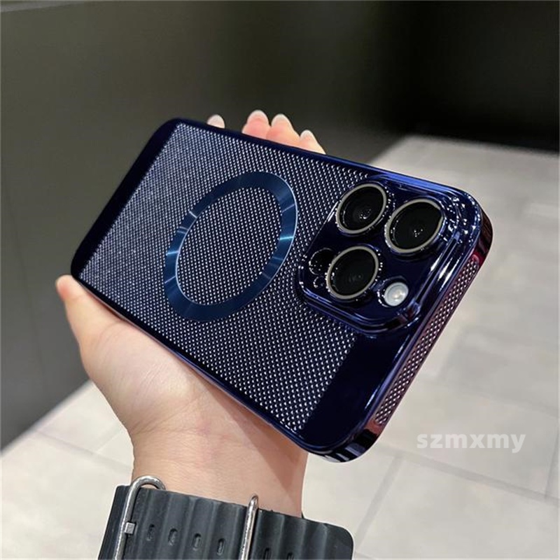 Ốp Điện Thoại Cứng Kiểu Lưới Mạ Điện Từ Tính Thoáng Khí Bảo Vệ Ống Kính Máy Ảnh Cho iphone 14 13 11 12 pro max