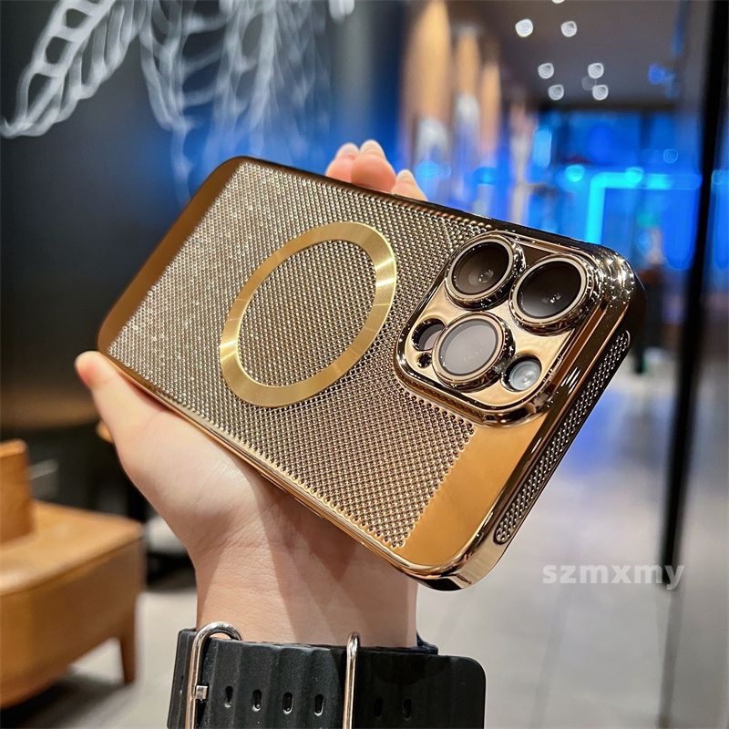 Ốp Điện Thoại Cứng Kiểu Lưới Mạ Điện Từ Tính Thoáng Khí Bảo Vệ Ống Kính Máy Ảnh Cho iphone 14 13 11 12 pro max