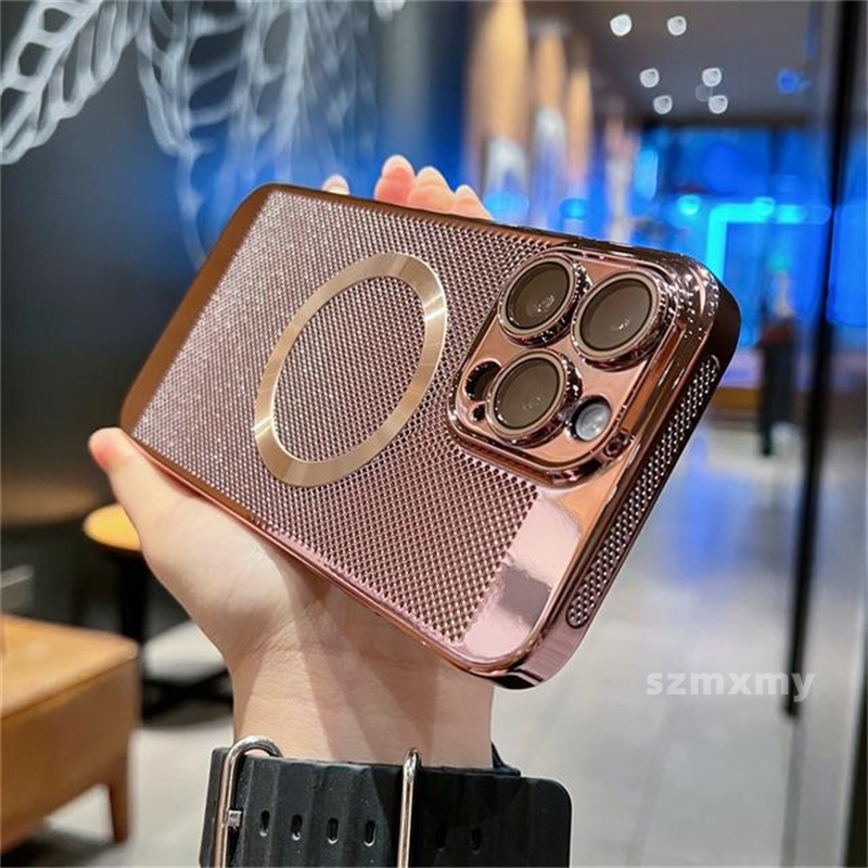Ốp Điện Thoại Cứng Kiểu Lưới Mạ Điện Từ Tính Thoáng Khí Bảo Vệ Ống Kính Máy Ảnh Cho iphone 14 13 11 12 pro max