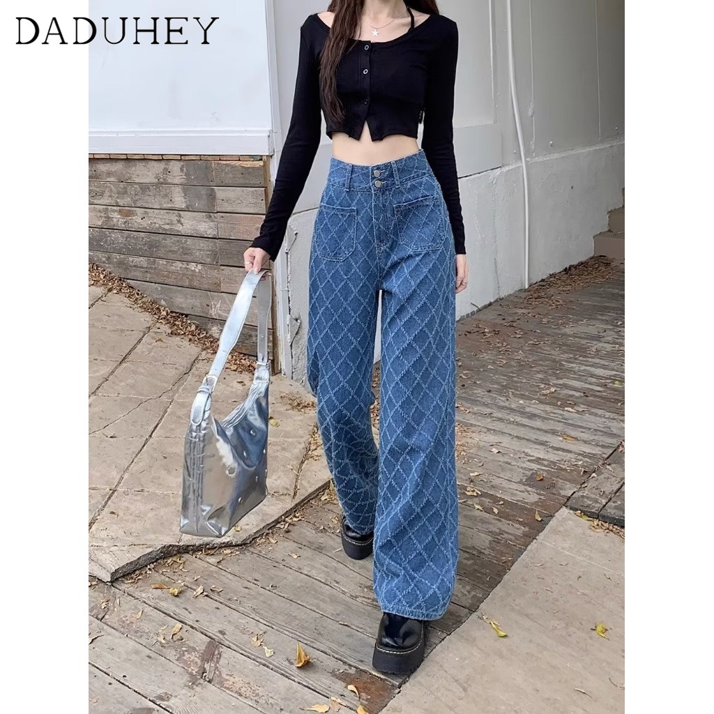 Quần jean dài mỏng DADUHEY ống rộng thoải mái cạp cao thời trang retro đường phố cao cấp kiểu Mỹ