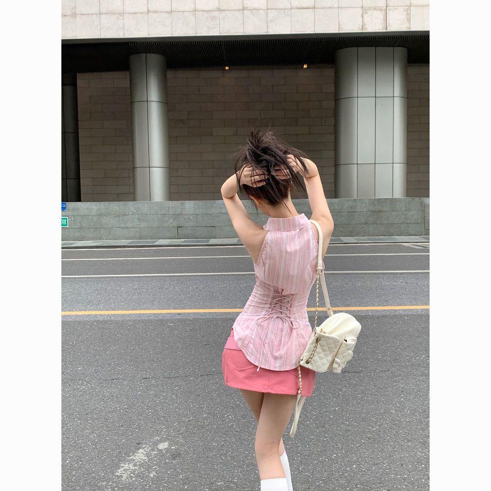 Áo Không Tay Cổ Bẻ Cột Dây Họa Tiết Kẻ Sọc Màu Hồng Thời Trang Mùa Hè 2023 Dành Cho Bạn Nữ mexj
