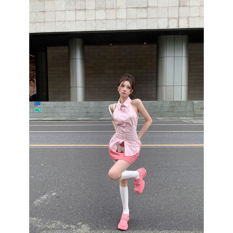 Áo Không Tay Cổ Bẻ Cột Dây Họa Tiết Kẻ Sọc Màu Hồng Thời Trang Mùa Hè 2023 Dành Cho Bạn Nữ mexj