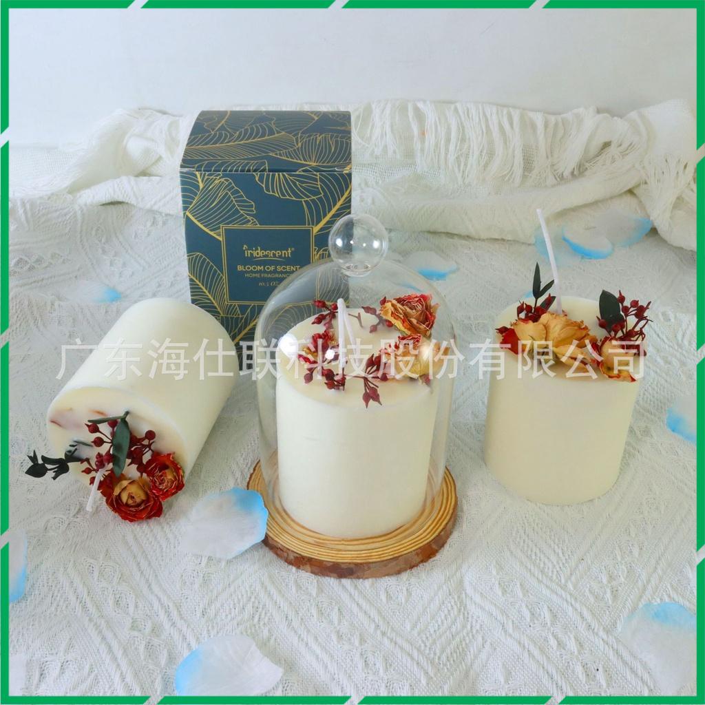 Nến thơm không khói thư giản trang trí hoa khô làm quà tặng phong cách hiện đại kèm chụp thủy tinh và đế gỗ