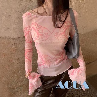 Anana áo thun nữ tay dài ống loe phối lưới