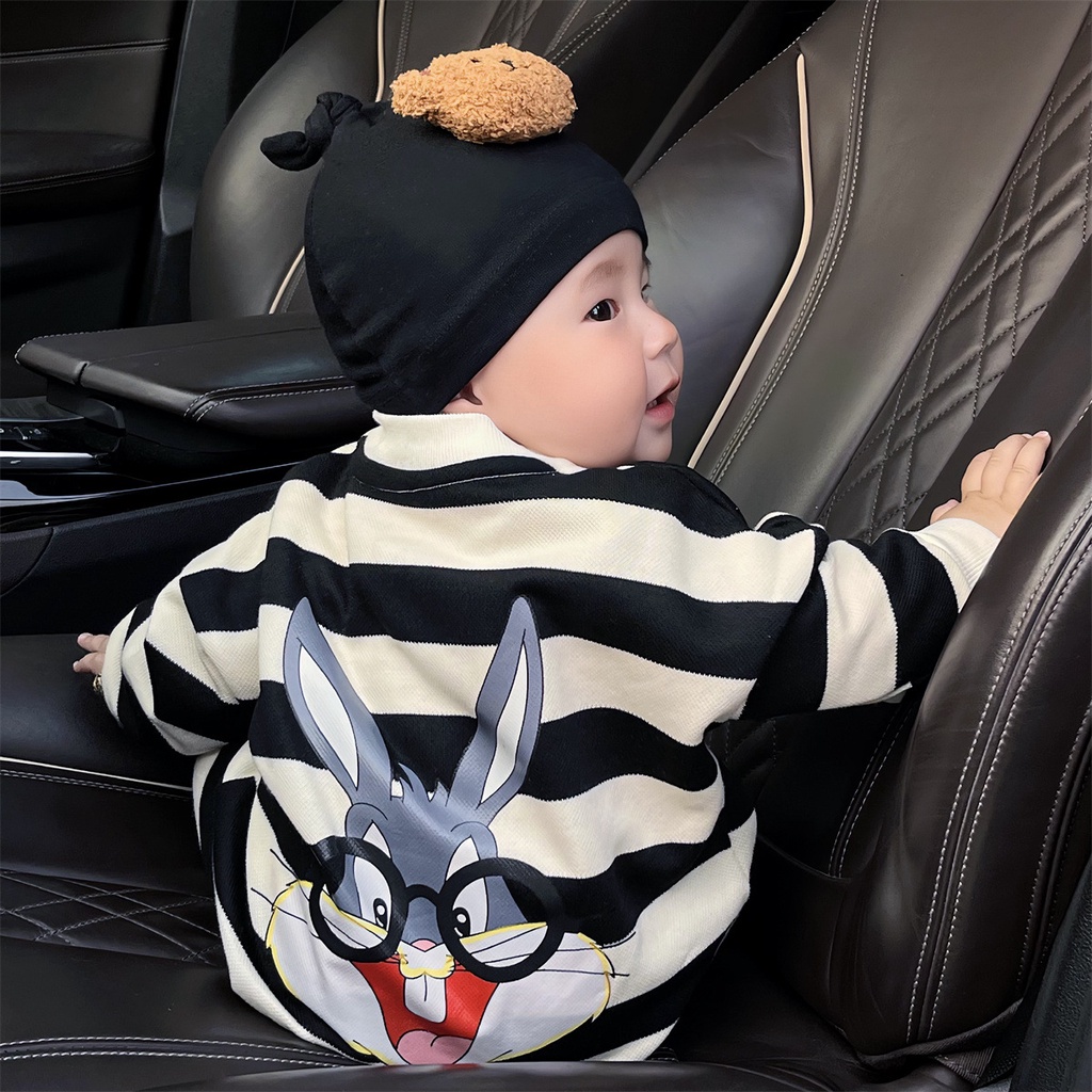 Áo Liền Quần Dài Tay Sọc Ngang Đen Trắng Hình Thỏ Cho Bé Trai Và Bé Gái