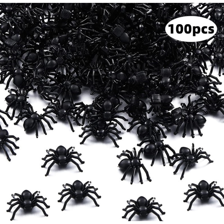 Set 100 Mô Phỏng Nhện Nhựa Màu Đen Trang Trí halloween