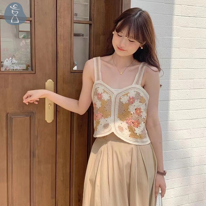 Áo Dệt Kim Không Tay Thêu Họa Tiết Rỗng Màu Sắc Tương Phản Cổ Điển Mùa Hè Cho Nữ joo