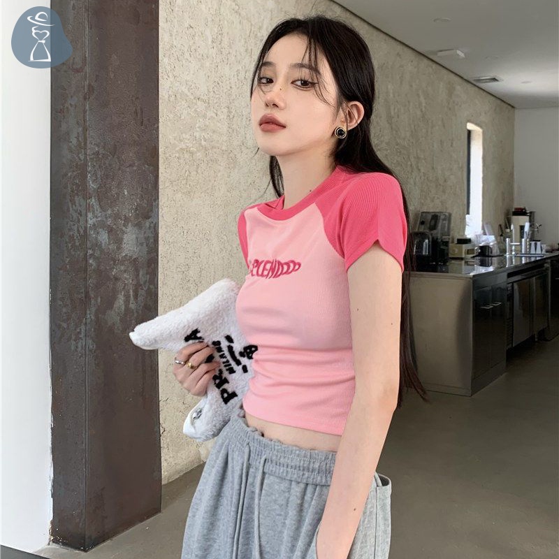 Áo Thun Lửng Ngắn Tay Thêu Chữ Thời Trang Cho Nữ