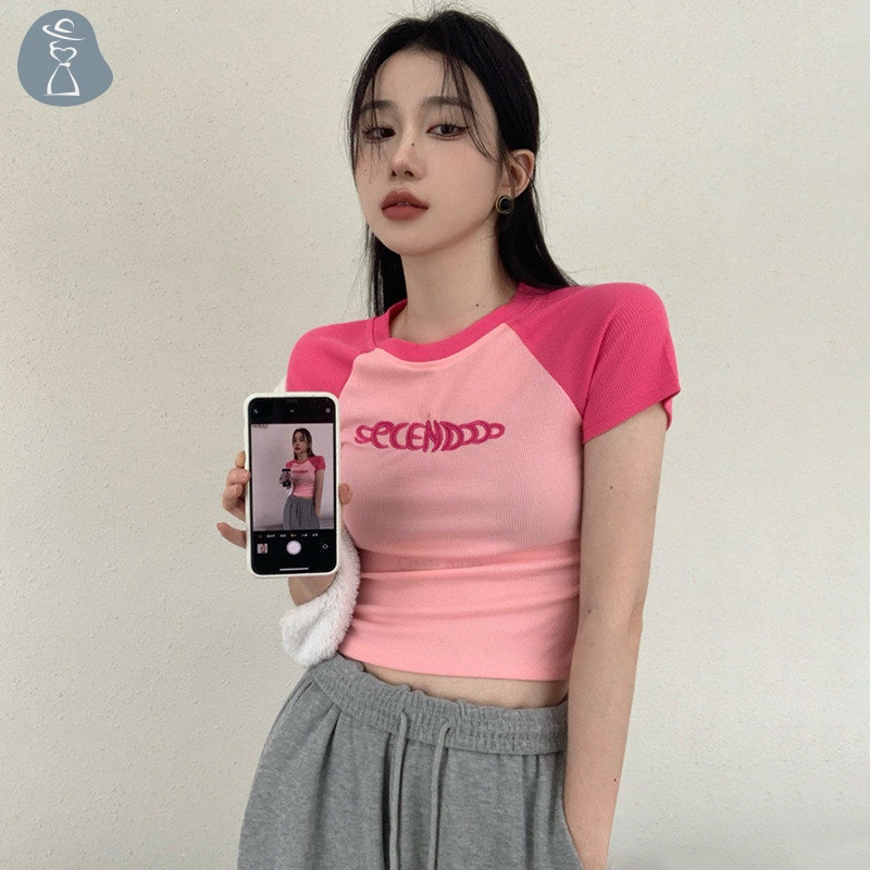 Áo Thun Lửng Ngắn Tay Thêu Chữ Thời Trang Cho Nữ