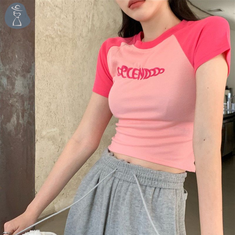 Áo Thun Lửng Ngắn Tay Thêu Chữ Thời Trang Cho Nữ