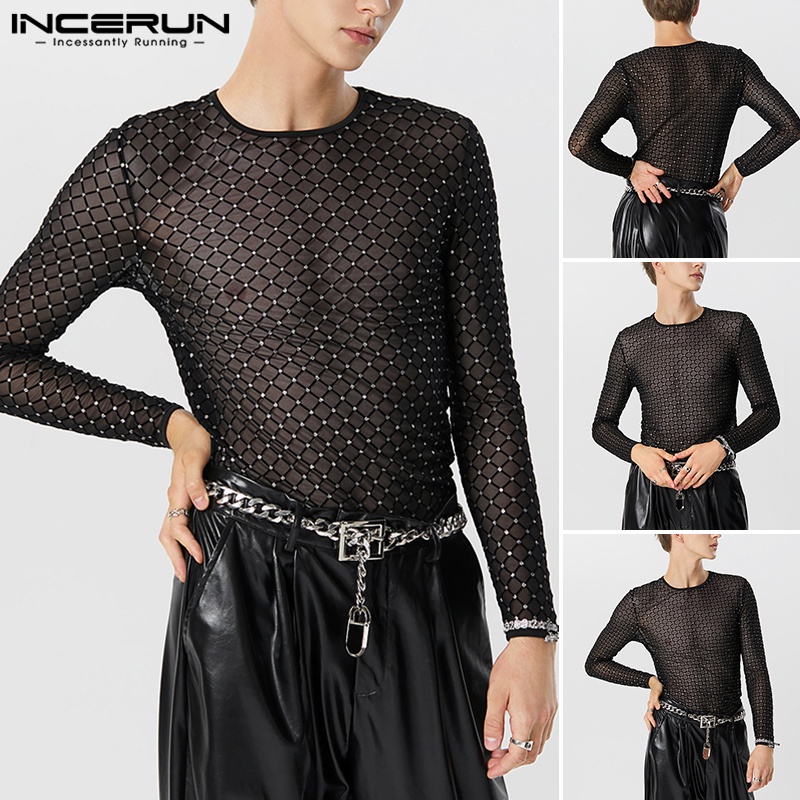 INCERUN Áo Thun Tay Dài Cổ Tròn Phối Lưới Thời Trang vintage Cho Nam