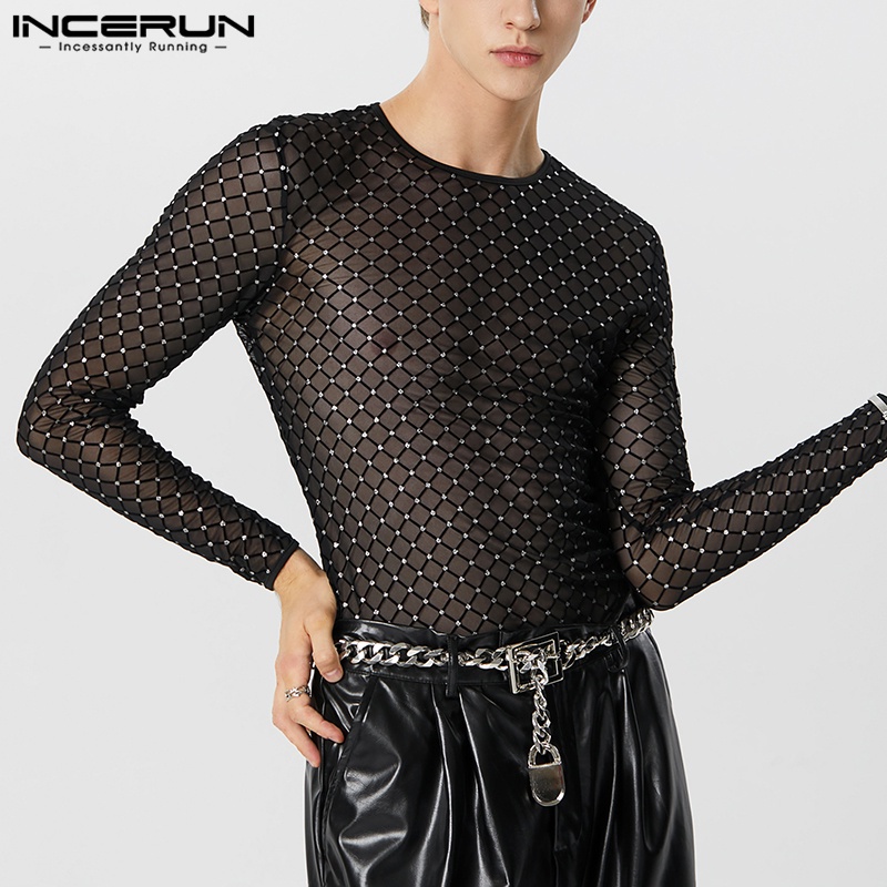 INCERUN Áo Thun Tay Dài Cổ Tròn Phối Lưới Thời Trang vintage Cho Nam