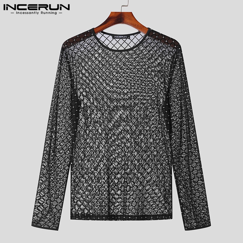 INCERUN Áo Thun Tay Dài Cổ Tròn Phối Lưới Thời Trang vintage Cho Nam