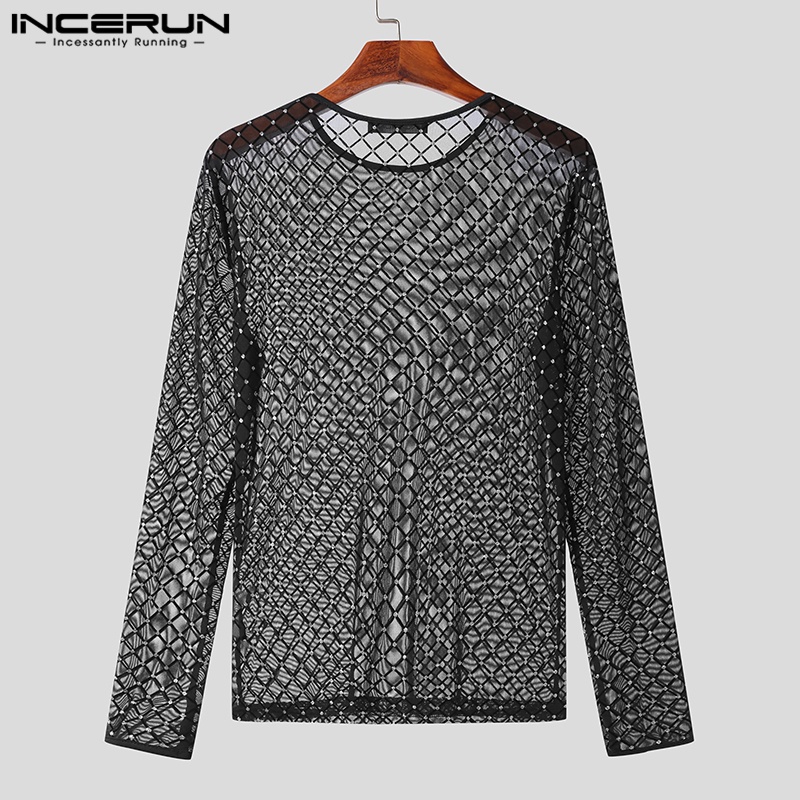 INCERUN Áo Thun Tay Dài Cổ Tròn Phối Lưới Thời Trang vintage Cho Nam