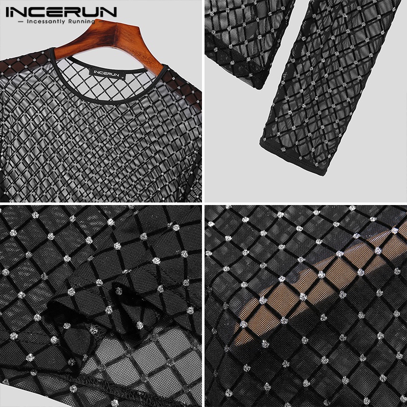 INCERUN Áo Thun Tay Dài Cổ Tròn Phối Lưới Thời Trang vintage Cho Nam